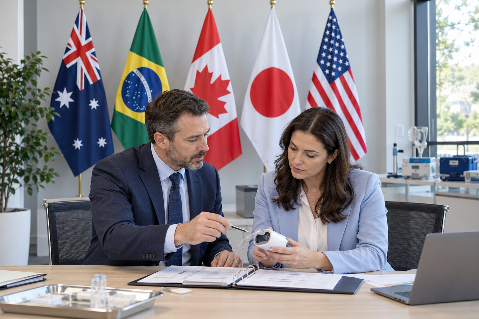 Imagem ilustrativa de auditores com as bandeiras dos cinco países MDSAP